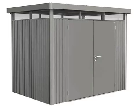 Plechový Záhradný Domček HighLine® s dvojkrídlovými dverami H2 kremeňovosivá-metalická