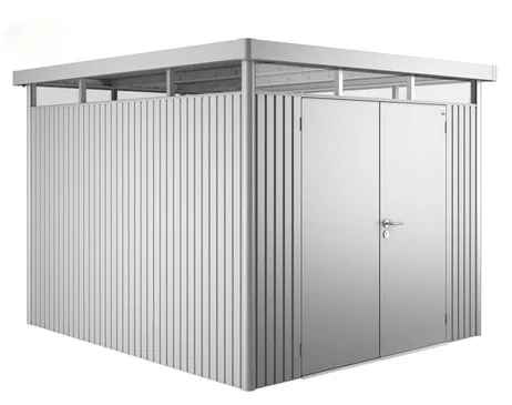 Plechový Záhradný Domček HighLine® s dvojkrídlovými dverami H5 strieborná-metalická