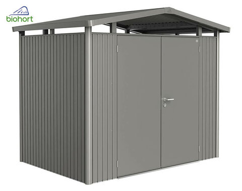 Plechový Záhradný Domček Panorama® s dvojkrídlovými dverami P2 kremeňovosivá-metalická