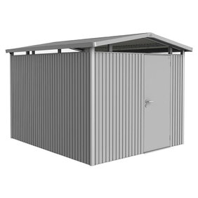 Plechový Záhradný Domček Panorama® so štandardnými dverami P5 strieborná-metalická